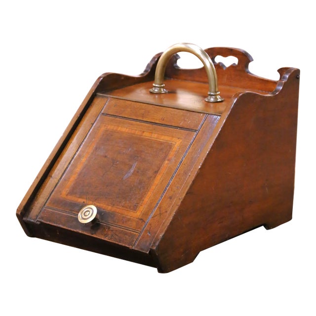19th Century English Victorian Inlaid Walnut Coal Scuttle With Brass Handle For Sale