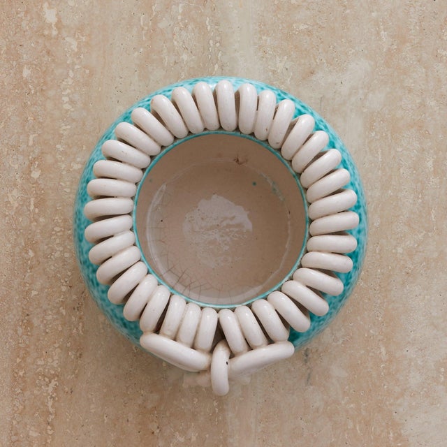 French Turquoise Ceramic Vase with Bow Motif by Gustave Asch, 1940s For Sale - Image 9 of 18