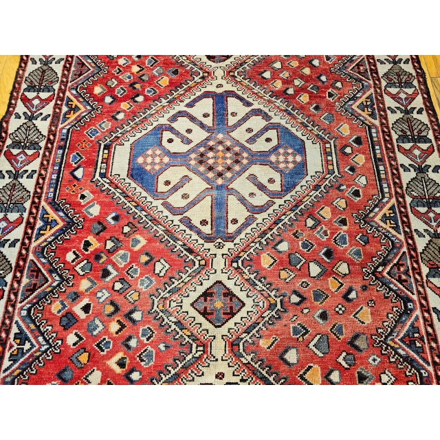Textile Vintage Shiraz Tribal Area Rug, Hand-Knotted Wool, Geometric Pattern, Red & Ivory, 5x10 For Sale - Image 7 of 13