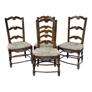 French Country Ladderback Rush Seat Dining Chairs - Set of 4 For Sale