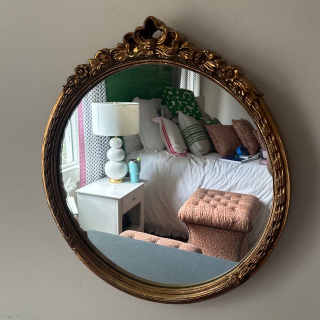 Vintage Round Bow and Ribbon Wall Mirror With Gold and Red Finish For Sale - Image 10 of 10