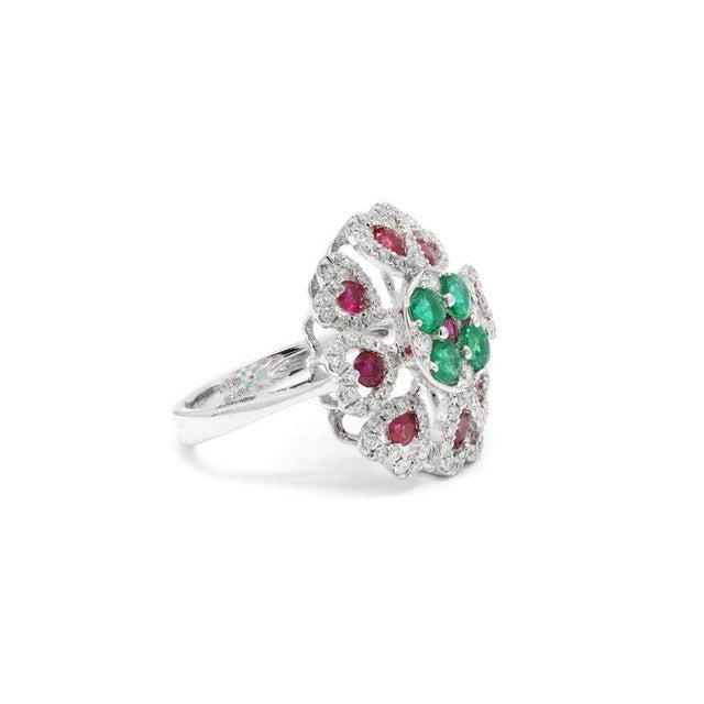 Solid 14k Gold Ruby Emerald and Pave Set Diamond Bohemian Chic Flower Ring Size 10.5 For Sale In New York - Image 6 of 7