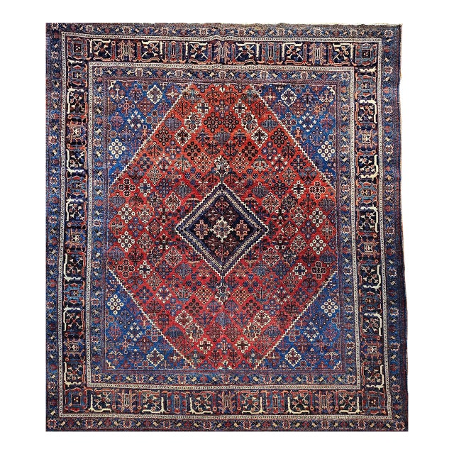 Vintage Persian Joshegan Hand-Knotted Rug in a Geometric Pattern in Rust Red, French Blue, Green For Sale