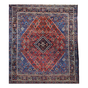 Vintage Persian Joshegan Hand-Knotted Rug in a Geometric Pattern in Rust Red, French Blue, Green