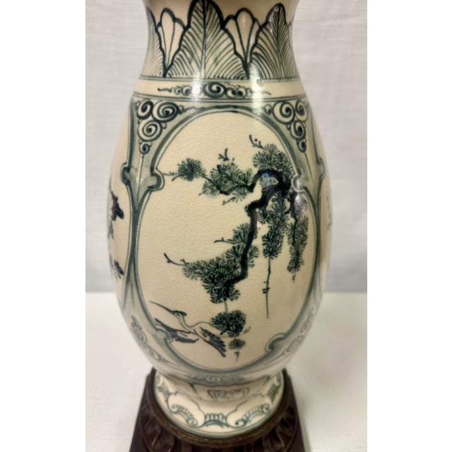 Metal Stunning Vintage Chinoiserie Blue and White Ginger Jar Style Table Lamp With Cream Shade For Sale - Image 7 of 11