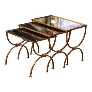 Set of 3 Early 20th Century French Art Deco Gilt Iron Nesting Tables For Sale