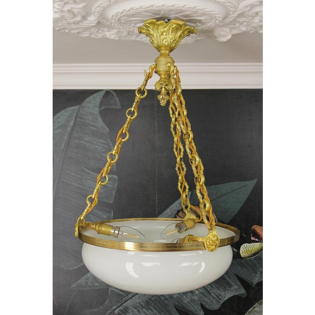 French White Glass, Brass and Bronze Pendant Chandelier, 1920s For Sale - Image 13 of 18