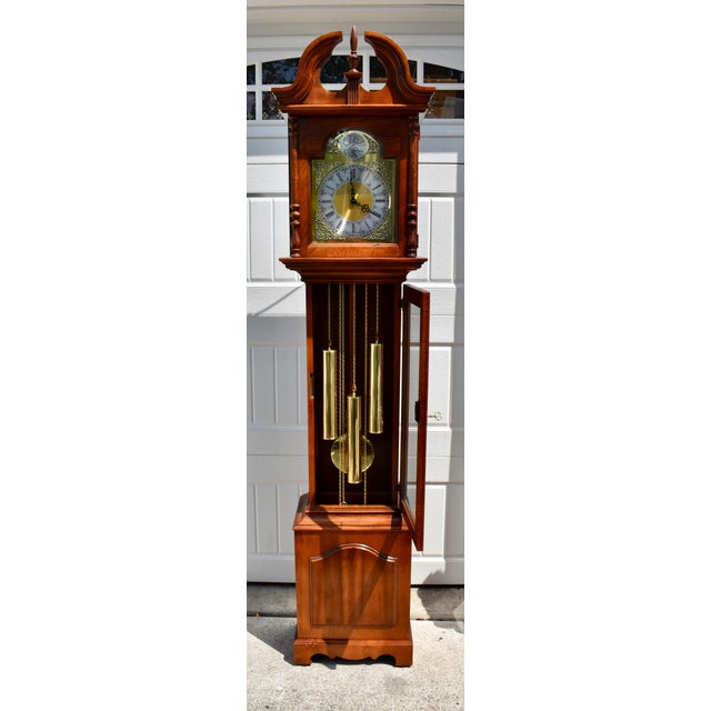 Howard Miller Cherry Grandfather Clock Mechanical Triple Weight Pendulum For Sale - Image 13 of 18