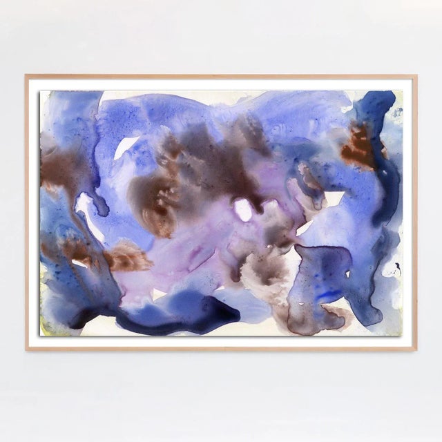 This abstract piece uses washy layers of intermingling hues. Shimmering blues seep into chemical violets and burgundy....