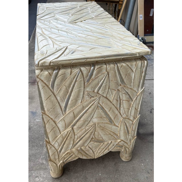 Wood Mid-Century Hollywood Regency White Washed Organic Modern Carved Palm Botanical Cabinets / Chests Att. Paul Ferrante - Pair For Sale - Image 7 of 10