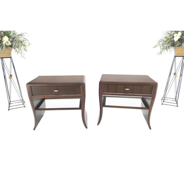 Wood Pair Century Walnut Waterfall Brand New Old Stock Two Tier Night Tables Stands For Sale - Image 7 of 14