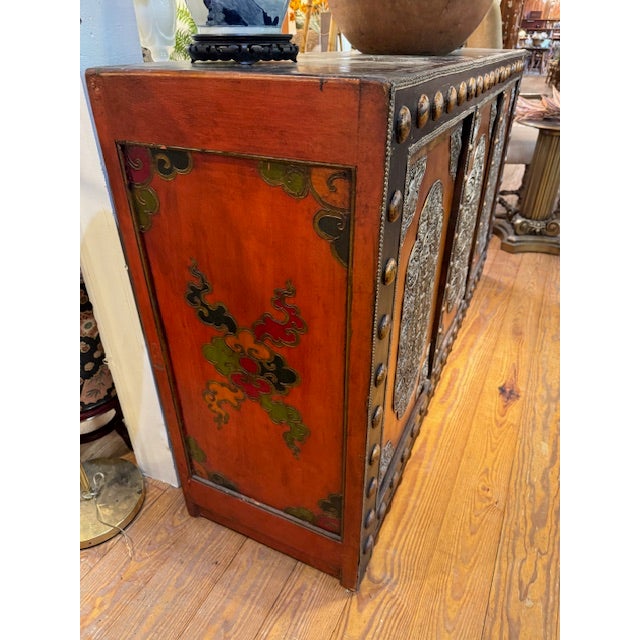 1980s Distressed Asian Wood Cabinet With Decorative Metal Accents For Sale In Philadelphia - Image 6 of 10