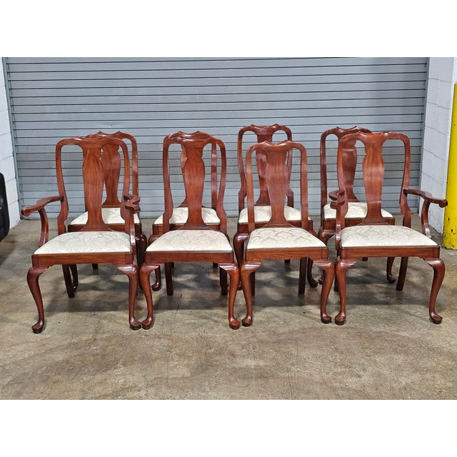 1990s Set of 8 Henkel Harris Black Cherry Dining Room Chairs White Damask Fabric For Sale In Cleveland - Image 6 of 18