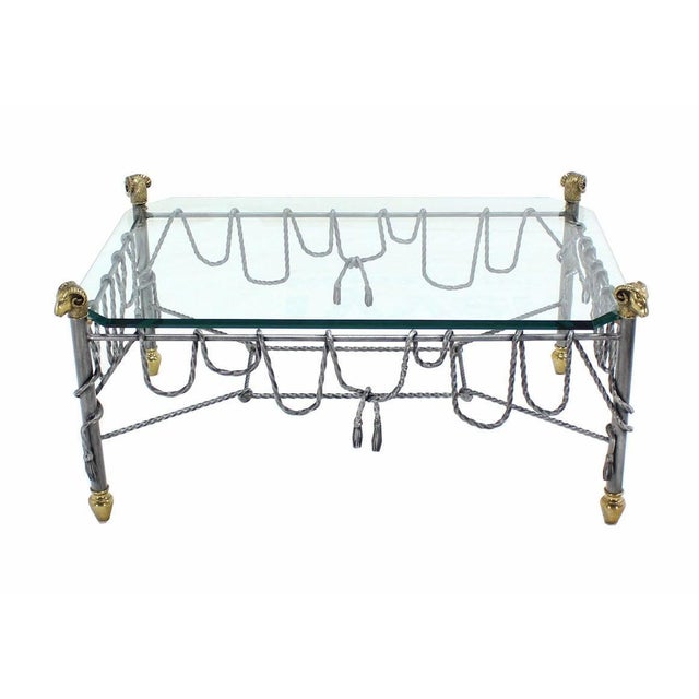 Ornate Wrought Iron Brass Ram Head Motive Glass Top Rectangle Coffee Table For Sale - Image 4 of 9