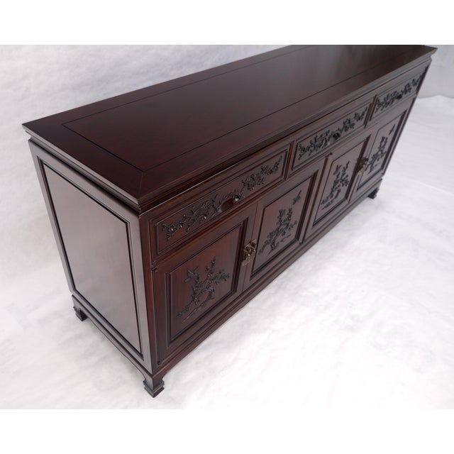 Late 20th Century Asian Mid Century Modern Carved 4 Doors 3 Drawers Credenza Dark Solid Teak MINT For Sale - Image 5 of 16