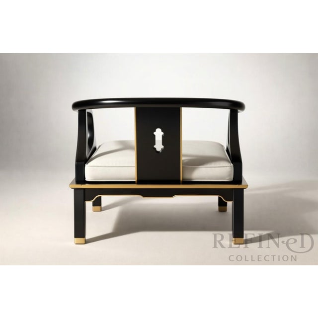 Ebony 1980s Pair of James Mont–Style Black Lacquer & Brass Lounge Chairs by Century Furniture in Colefax & Fowler Silk For Sale - Image 8 of 16