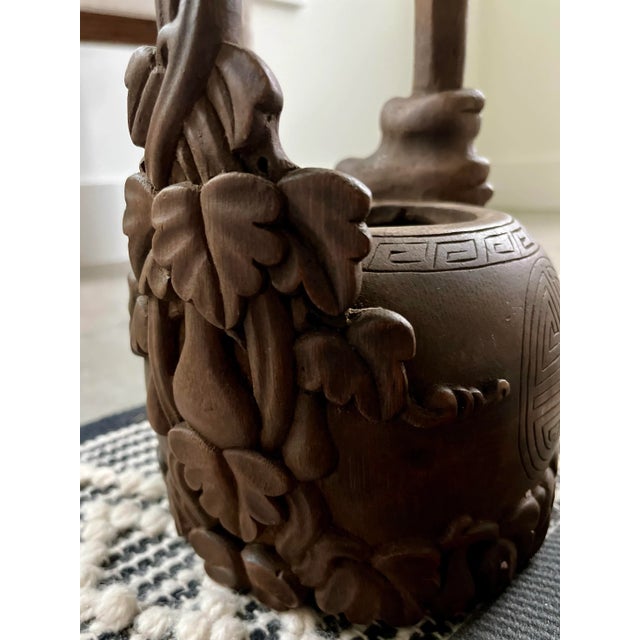 Oxblood Red Early 1900s Intricately Hand-Carved Bamboo Water Pail/Flower Vase For Sale - Image 8 of 10