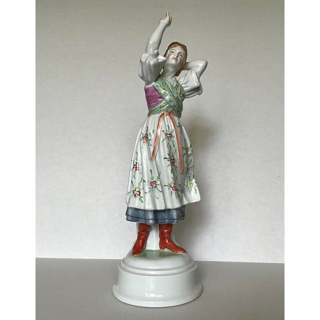 Figurative Herend Hand-Painted Porcelain Hungarian Female Dancer Figurine With Floral Dress & Gold Headdress For Sale - Image 3 of 7