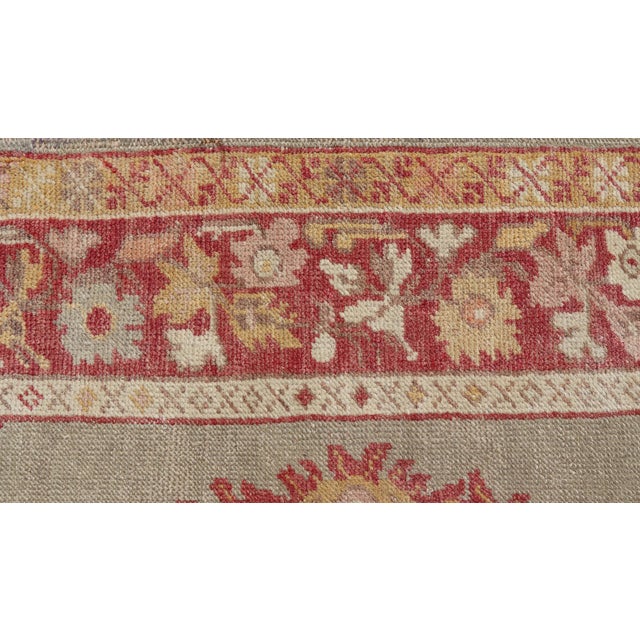 Red Turkish Oushak Vintage Rug With Floral Medallion Design in Red and Light Blue For Sale - Image 8 of 13