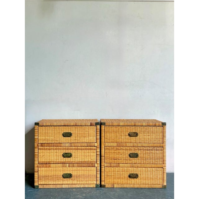 Discover this charming pair of vintage woven rattan campaign chests, perfect for adding a touch of relaxed bohemian...