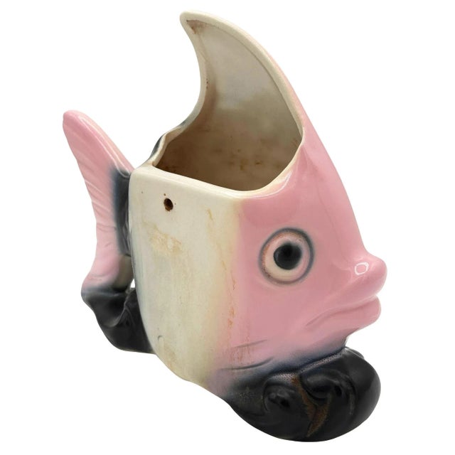 1950s Mid-Century California Pottery Pink & Black Ceramic Angel Fish Pocket Planter For Sale - Image 5 of 6