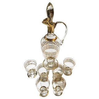 Mid-Century Gold Leaf Decanter - 6 Glasses For Sale