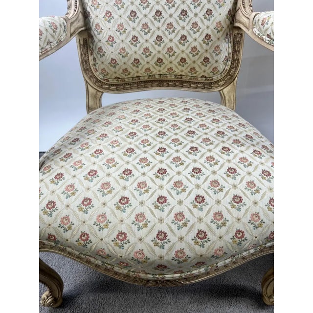 French Louis XV Style Bergère Armchair, Painted Frame, Floral Embroidery, a Pair For Sale - Image 13 of 15