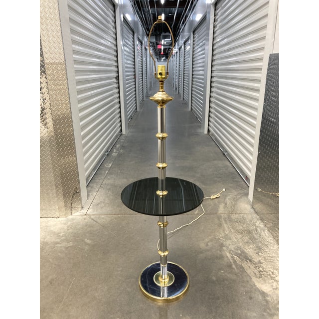 Mid 20th Century Modernist Faux Bamboo Chrome & Brass Floor Lamp With Glass Tray Table in Mastercraft For Sale - Image 5 of 13