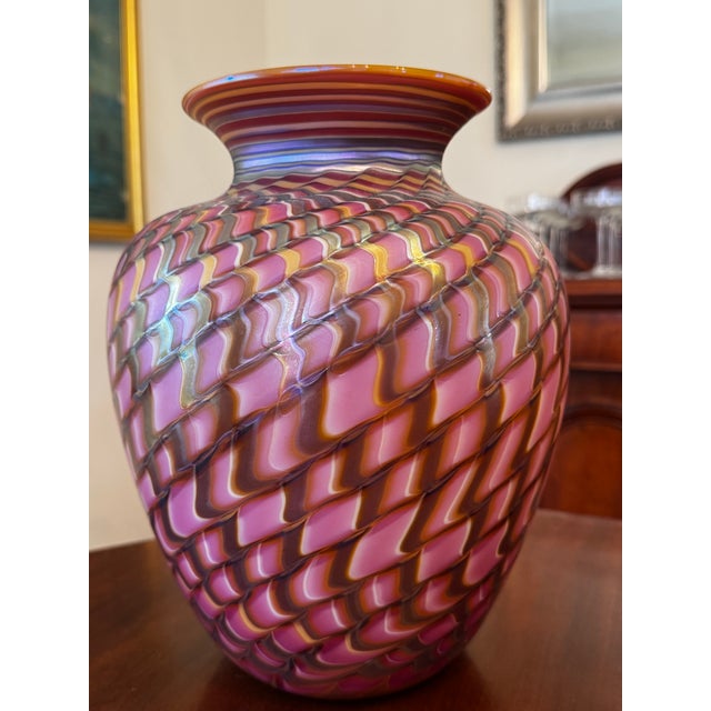 Beautiful, large,hand‑blown contemporary art glass vase by Lundberg Studios, titled “Amethyst Murano Magnum,” numbered...