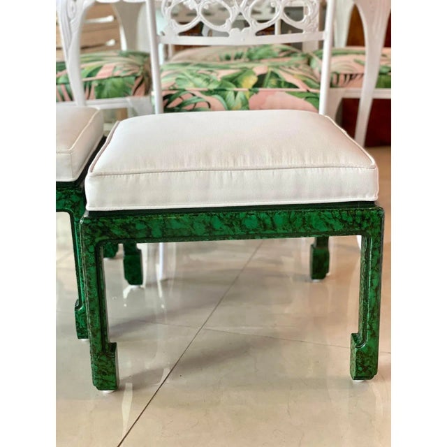 Vintage Green Faux Malachite Newly Upholstered Ming Feet Benches Stools -A Pair For Sale - Image 4 of 10
