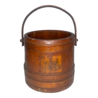 Antique Primitive Wood Firkin Staved Bucket Iron Bail Handle Victorian Decoupage For Sale