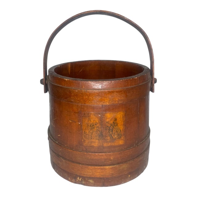 Antique Primitive Wood Firkin Staved Bucket Iron Bail Handle Victorian Decoupage For Sale