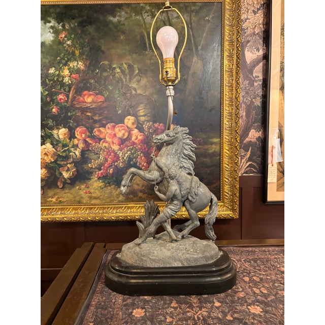 Victorian Antique Victorian Spelter Marly Horse & Groom Statue Lamp – After Guillaume Coustou, Late 19th Century Gsj For Sale - Image 3 of 8