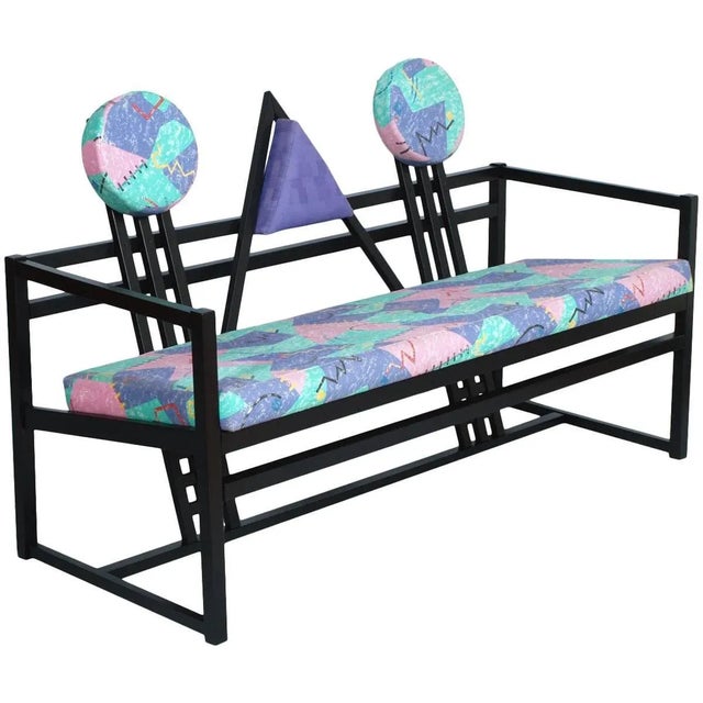 1940s Vintage Black Lacquered Walnut Printed Upholstered Sofa For Sale - Image 5 of 5