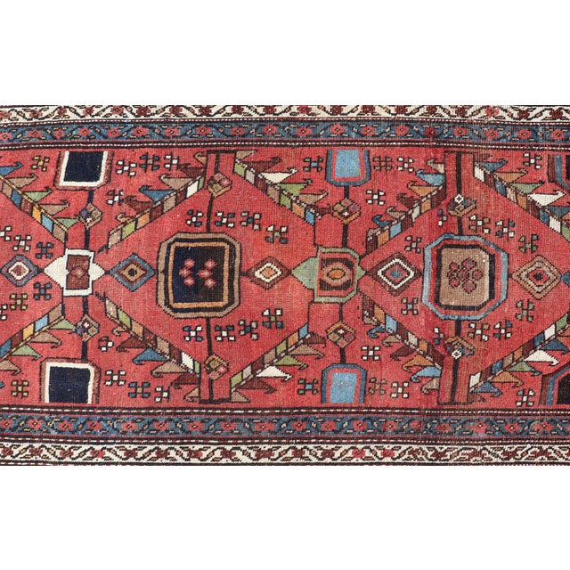 Kurdish Antique Runner in Vibrant Red Background and Multi-Tiered Border 3'3 X 14'1 For Sale - Image 9 of 12