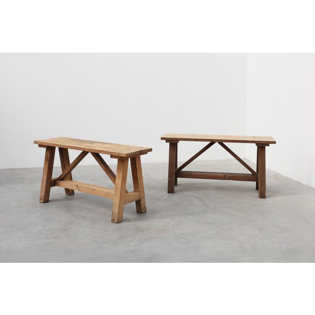 Brown Antique French Rustic Oak Trestle Bench, 1890s For Sale - Image 8 of 14