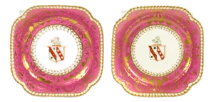 Early 1800's Spode Felspar Porcelain Pair of Armorial Cabinet Plates Welman Crest