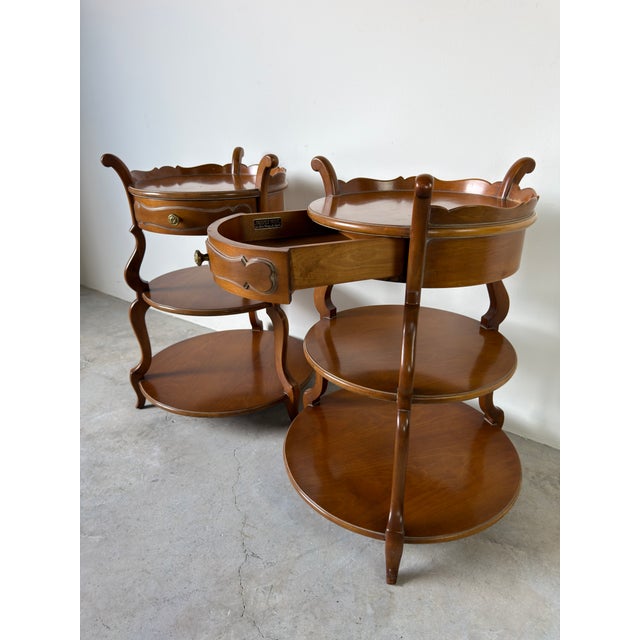 1980s Vintage Grosfeld House Three Tier Walnut Side Tables With Drawer – A Pair For Sale - Image 5 of 12