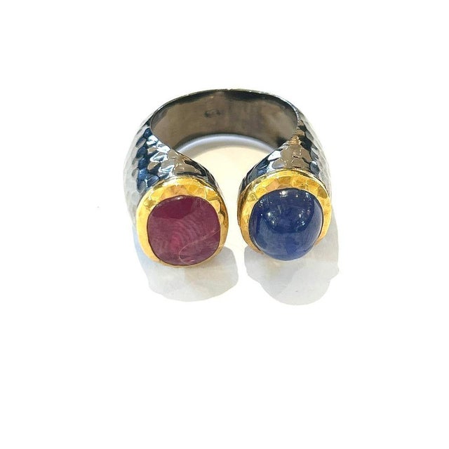 Bochic "Capri" Natural Blue Sapphire & Red Ruby Ring Set In 18K Gold & Silver For Sale - Image 18 of 18