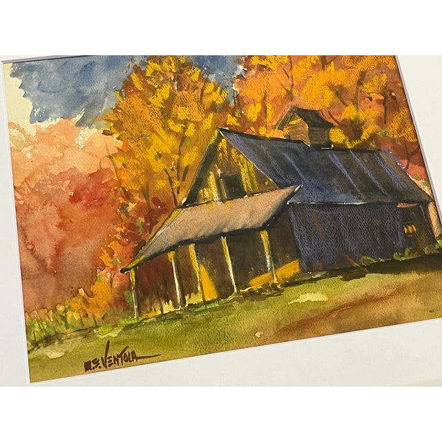 Glass Framed Original Signed Watercolor Painting by M E Ventola of an 'Old Barn in Autumn' For Sale - Image 7 of 13
