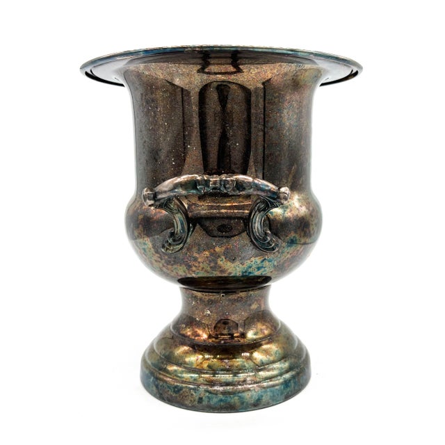 Shabby Chic 1988 Patinaed Silver Plate Trophy Urn / Champagne Bucket With Floral Handles – Shabby Chic / English Country For Sale - Image 3 of 11