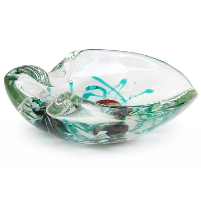 Glass Murano Seguso Dalla Venezia Vintage Italian Art Glass 3 Fish Silver Flecks Green Algae Ashtray Trinket Bowl For Sale - Image 7 of 8