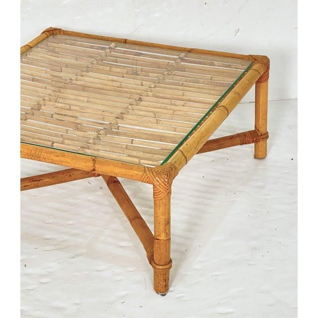 Italian Bamboo and Rattan Low or Coffee Table With Square Glass Top For Sale - Image 4 of 12