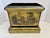 Classical Italian toleware planter, featuring a black-and-white pastoral scene and a classical brass lion's head pull and...