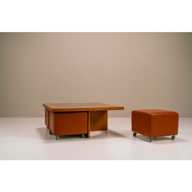Coffee Table in Cherry Wood with Four Faux Mobile Poufs, Italy, 1970s, Set of 5 For Sale - Image 5 of 14