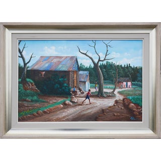 Jean-Felix Defournoy Modern Green & Brown Rural Village Landscape Painting with Playing Children, Late 20th Century For Sale