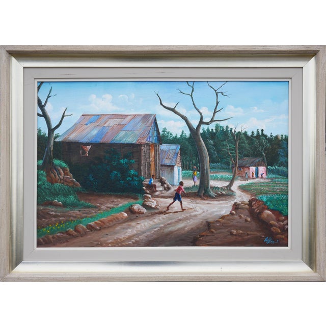 Jean-Felix Defournoy Modern Green & Brown Rural Village Landscape Painting with Playing Children, Late 20th Century For Sale