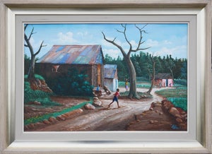 Jean-Felix Defournoy Modern Green & Brown Rural Village Landscape Painting with Playing Children, Late 20th Century