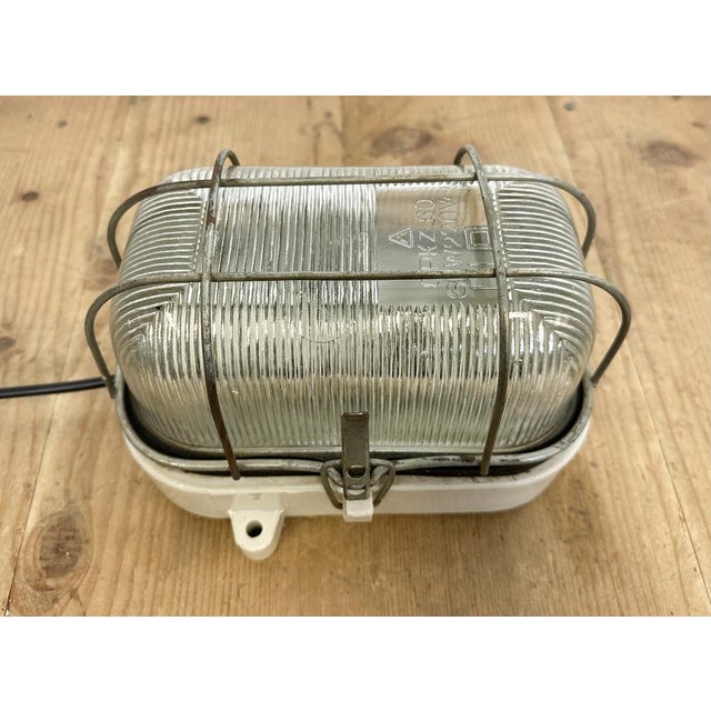 Industrial White Porcelain Cage Wall Light with Ribbed Glass, 1970s For Sale - Image 10 of 18