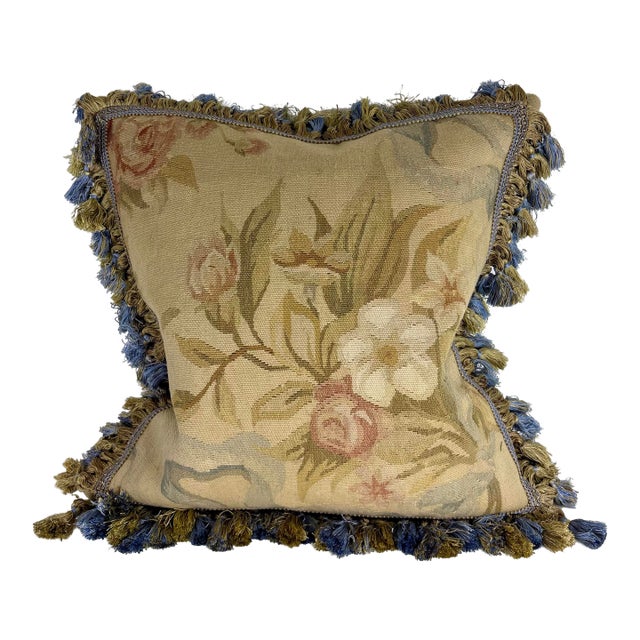 Vintage Floral Aubusson Tapestry Pillow. For Sale